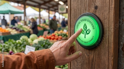 A person pressing a glowing button at a farmers market promoting sustainable agriculture and local produce