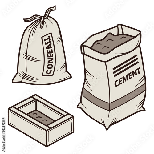Cement bag, sack, and brick mold illustration, isolated on a white background