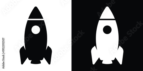 Sleek vertical rocket ship vector icon in black and white. Symbolizes startup growth, product launch, space exploration, and innovation. Clean flat design for apps, logos, and business concepts.