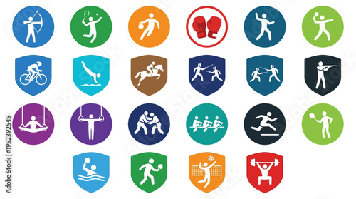 Dynamic Sports Icon System Showcasing Athletic Events. Diverse Pictograms for Competitive Physical Activities and Recreational Pursuits.