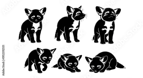 Set of Cute Baby Foxes Illustrations, Black and White Vector Art, Adorable Wildlife Poses