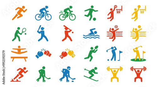 Vibrant multi-sport icon set in a grid layout, illustrating diverse athletic activities, competitive events, and a healthy, active lifestyle.