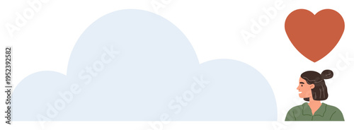 Love, relationships, emotions, self-reflection, mental health, connection. A woman gazes at a red heart beside a large cloud. Love and relationships concept for emotional connection and well-being