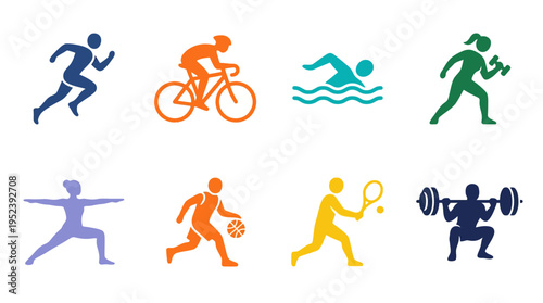 Diverse minimalist flat design vector icons showcasing various sports and fitness activities including running, cycling, and yoga.