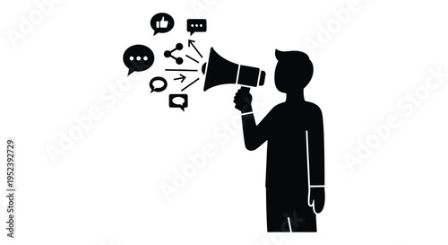 Silhouette of a person with a megaphone broadcasting social media icons