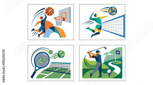 Creative collection of abstract sports icons featuring basketball, volleyball, tennis, and golf players in dynamic action scenes