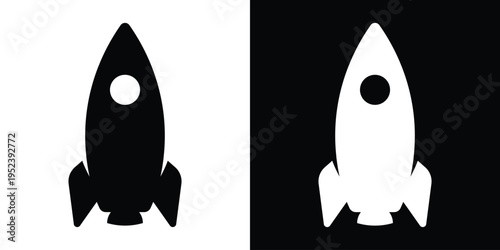 Sleek vertical rocket ship vector icon in black and white. Symbolizes startup growth, product launch, space exploration, and innovation. Clean flat design for apps, logos, and business concepts.