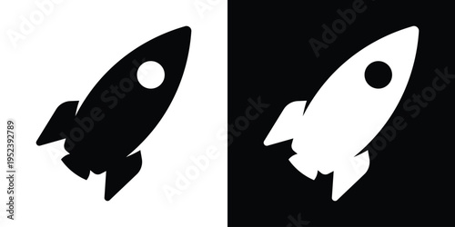 Angled rocket ship icon showing motion and takeoff. High-contrast black and white graphic for technology startups, speed, and progress. Professional vector asset for modern web and print media.