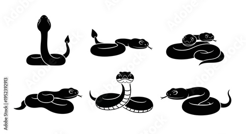 Set of Black Snake Silhouettes in Various Poses on White Background