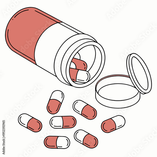 Medical capsules spilling from prescription bottle in outline style
