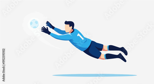 Vibrant cartoon vector illustration of blue soccer goalkeeper diving horizontally to catch glowing blue soccer ball with gloves in action