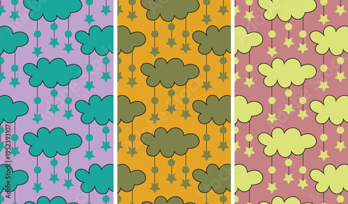 Set of seamless dreamy patterns. Abstract backgrounds with cartoon clouds, stars and hanging elements in three colorful variations