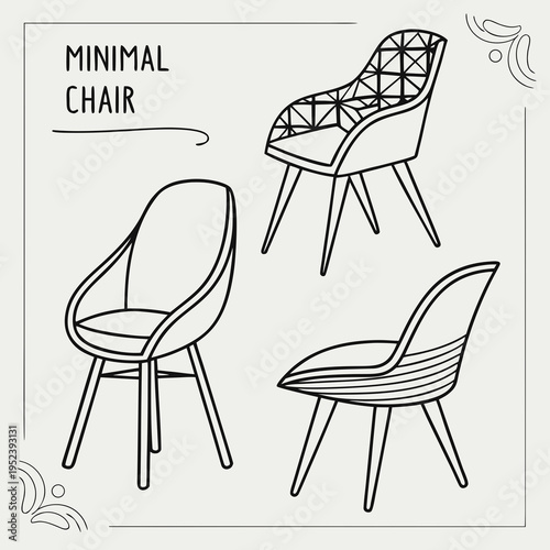 Three minimalist designer chairs set with line art