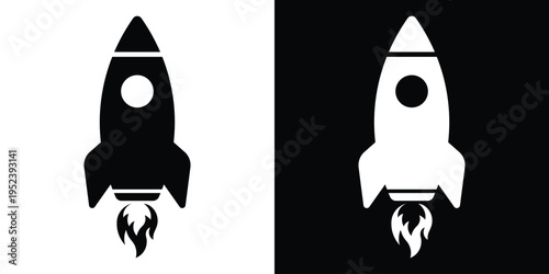 Sleek vertical rocket ship vector icon in black and white. Symbolizes startup growth, product launch, space exploration, and innovation. Clean flat design for apps, logos, and business concepts.