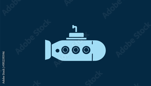 A stylized light blue illustration of a submarine on a dark blue background, representing underwater exploration and naval vessels