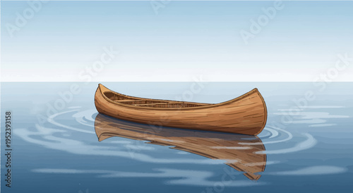 Vibrant cartoon vector illustration of wooden canoe floating calmly on blue lake water with perfect mirror reflection