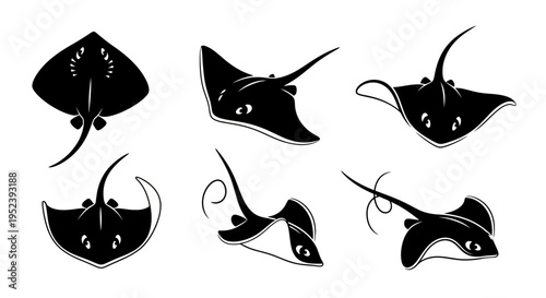 Set of Black Stingray Silhouettes on White Background, Marine Life Vector Illustrations