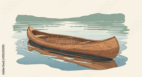 Vibrant cartoon vector illustration of traditional wooden canoe on calm water surface with beautiful reflection and distant shore