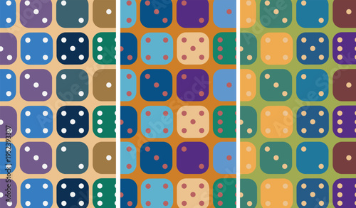 Set of seamless dice patterns. Abstract geometric backgrounds with game cubes in three vibrant color variations