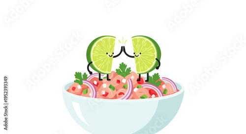 Cute lime characters in fresh salad bowl with vegetables cartoon vector illustration