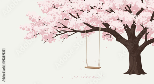 Elegant cherry blossom tree with hanging wooden swing in blossom garden vector illustration
