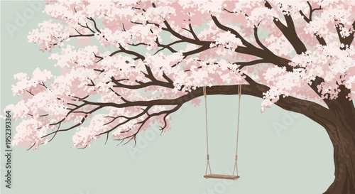 Beautiful cherry blossom tree with wooden swing hanging illustration vector
