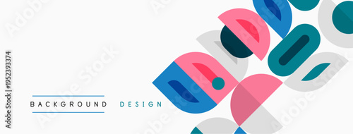 Abstract geometric shapes overlap, creating vibrant background design. Pink, blue, green hues dominate composition. Minimalist style.