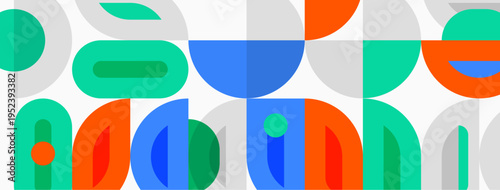 Abstract pattern features overlapping shapes. Blue, green, orange hues create playful, modern design. Simple geometry dominates composition.