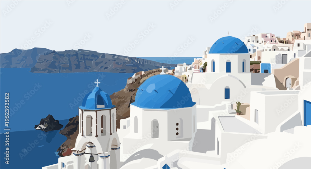 Naklejka premium Flat vector cartoon illustration of white cycladic buildings with blue domes overlooking sea