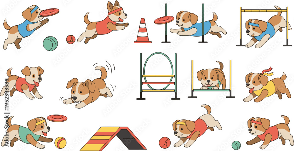 Fototapeta premium Cute Dog Agility Training Set with Puppies Running, Jumping, Playing with Ball, and Obstacle Course Elements for Pet Illustration, Animal Activity Design