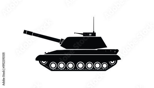 Black silhouette of a military tank with a long barrel and a turret against a white background, side view