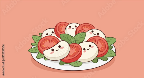 Plate of smiling caprese salad with happy tomato and mozzarella faces cartoon vector illustration