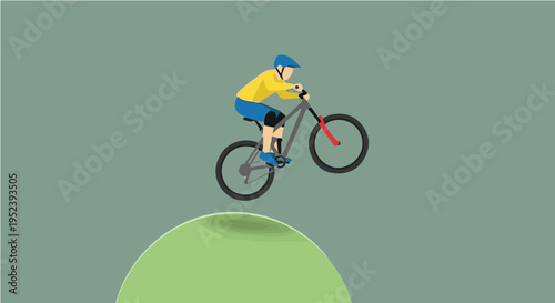 Boy performing mountain bike jump on green hill cartoon vector illustration