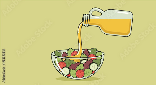 Flat vector cartoon illustration of yellow olive oil bottle pouring liquid into glass bowl of fresh salad