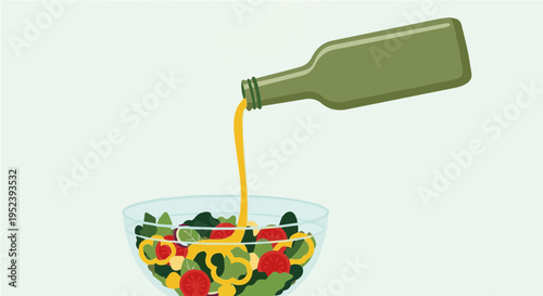 Flat vector cartoon illustration of green olive oil bottle pouring yellow oil over colorful vegetable salad bowl