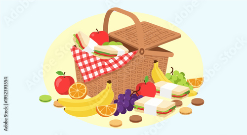 Flat vector cartoon illustration of full picnic spread with basket blanket fruits and sandwiches