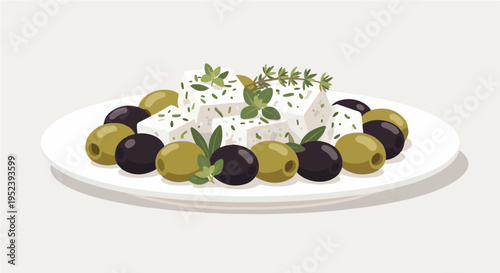 Flat vector cartoon illustration of greek salad plate with feta black olives and herbs