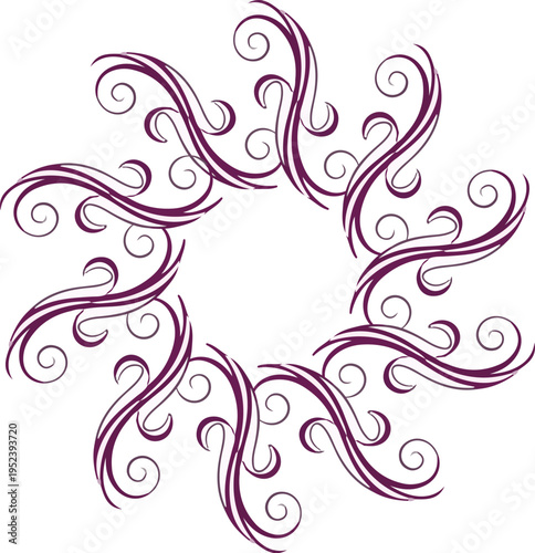 Elegant Plum Purple Ornate Starburst Mandala with Intricate Symmetrical Scrollwork and Calligraphic Filigree Flourish on White Background