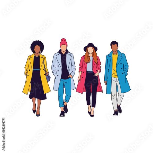 Diverse group of stylish people in fashionable coats, walking together, modern fashion illustration