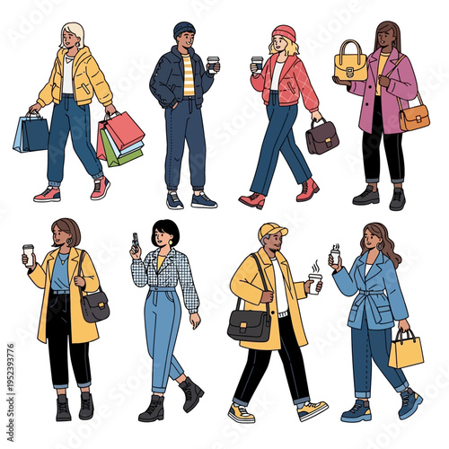 Diverse group of people walking with shopping bags and coffee cups, casual fashion