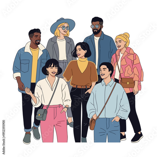 Diverse Group of Young People Standing Together, Modern Fashion, Casual Style