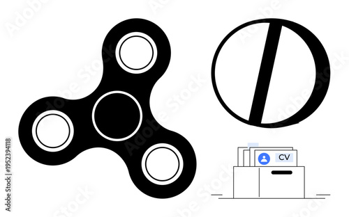 Modern technology concept. Symbols include a fidget spinner, pills, and a digital CV folder, entertainment, health, and career. For health apps, job platforms education digital trends lifestyle