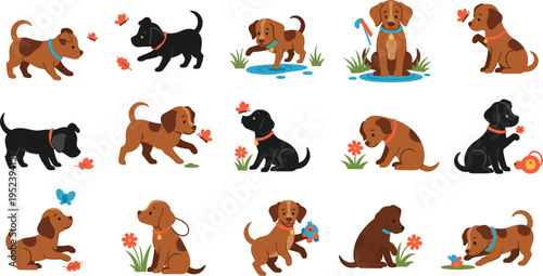 Cute Dog Activity Set with Puppies Playing, Running, Sitting, and Exploring Nature for Pet Illustration, Animal Behavior Design, and Kids Friendly Collection