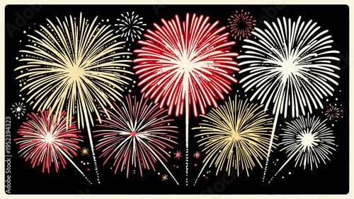 Colorful fireworks display illustration in a dark night sky for new year celebrations festive holiday events party invitations and magnificent graphic design.