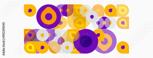 Abstract composition featuring overlapping circles, squares. Purple, yellow hues dominate design. Modern, playful aesthetic.