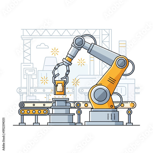 Robotic Arm Assembly Line Industrial Automation Technology.