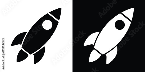 Angled rocket ship icon showing motion and takeoff. High-contrast black and white graphic for technology startups, speed, and progress. Professional vector asset for modern web and print media.