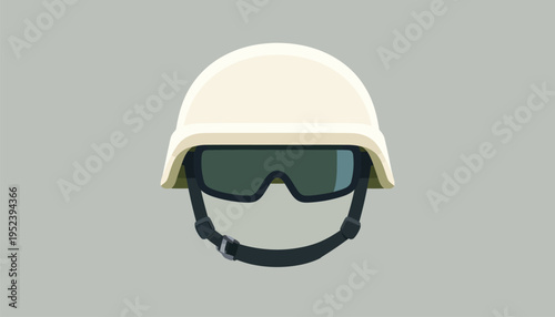 Digital graphic representation of a sturdy military-style protective helmet equipped with dark tactical goggles, ideal for defense and security themes in a clean, isolated vector illustration