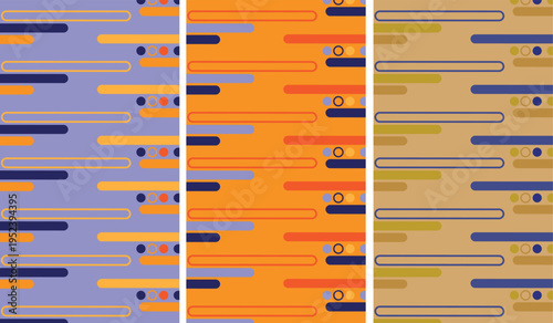 Seamless abstract geometric horizontal line pattern with elongated shapes and dots in retro vibrant color palette of orange blue beige and yellow, modern minimal vector style