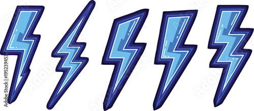 Glowing blue neon lightning bolt vector illustration set